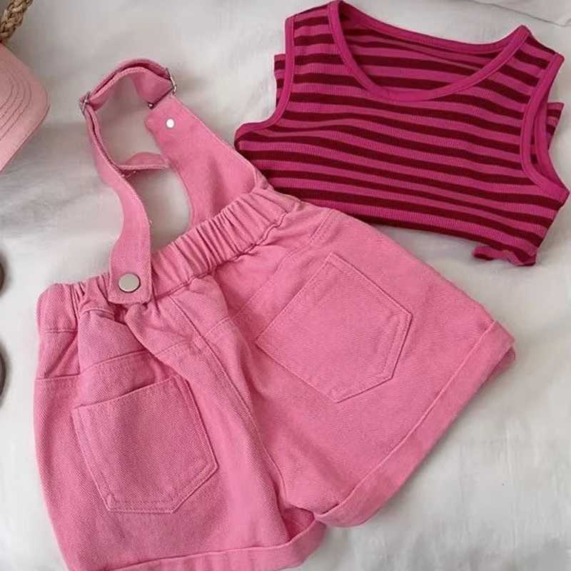 Girl denim pendant set 2023 new childrens summer striped vest+pendant shorts baby fashion two-piece clothing setT250327
