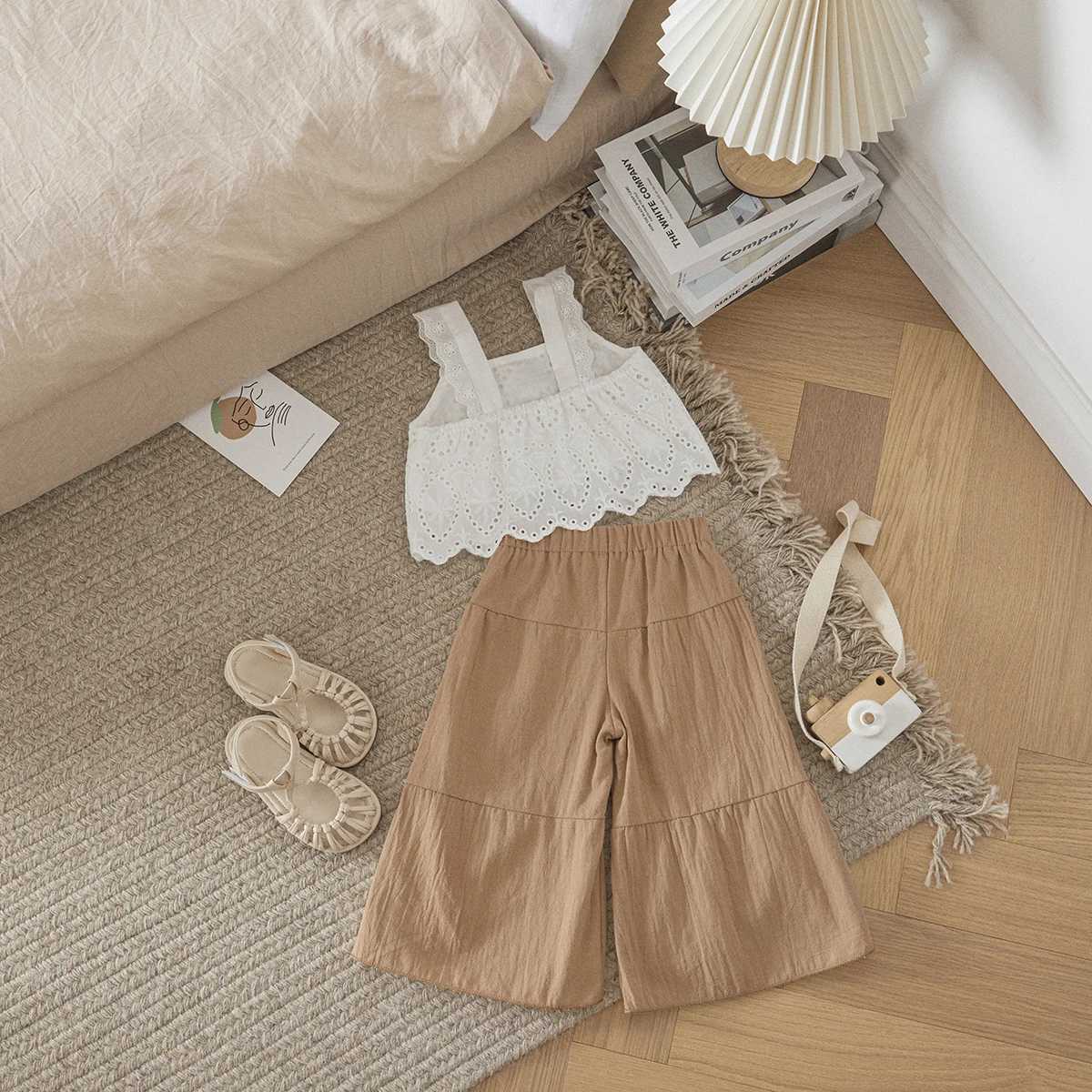 Listenwind 1-5Y Childrens Baby Girl Clothing Set Summer Lace Sleeveless Top Wide Leg Pants Travel Holiday Clothing SetT250327