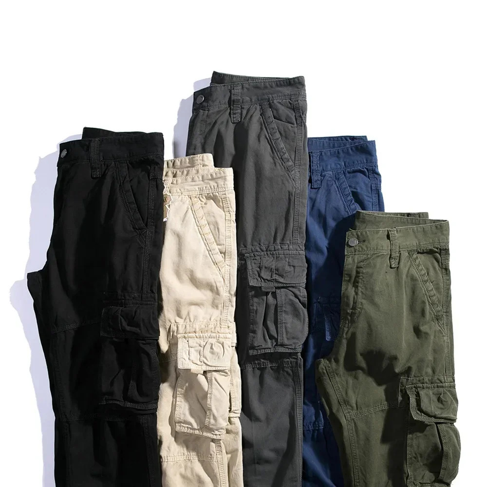 Casual pants mens straight leg cotton cargo Trouser multi pocket work fishing suit military summer spring khaki black 250327