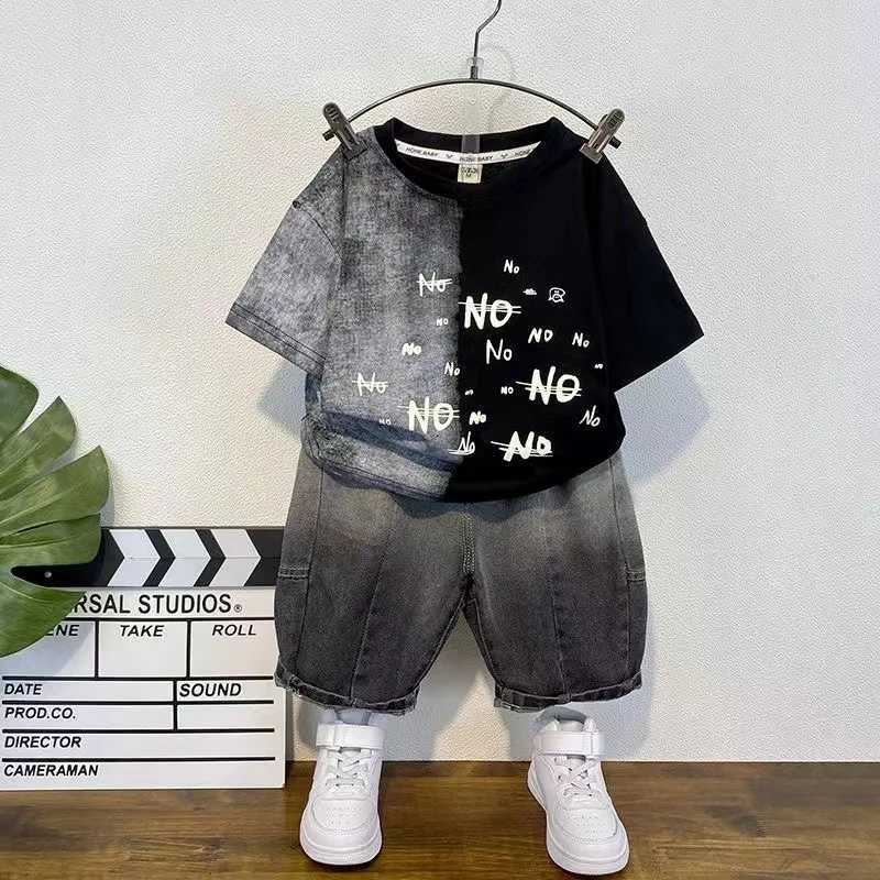 Boys personalized smooth short sleeved T-shirt+jeans shorts 2-piece summer set new fashion boutique casual music setT250327