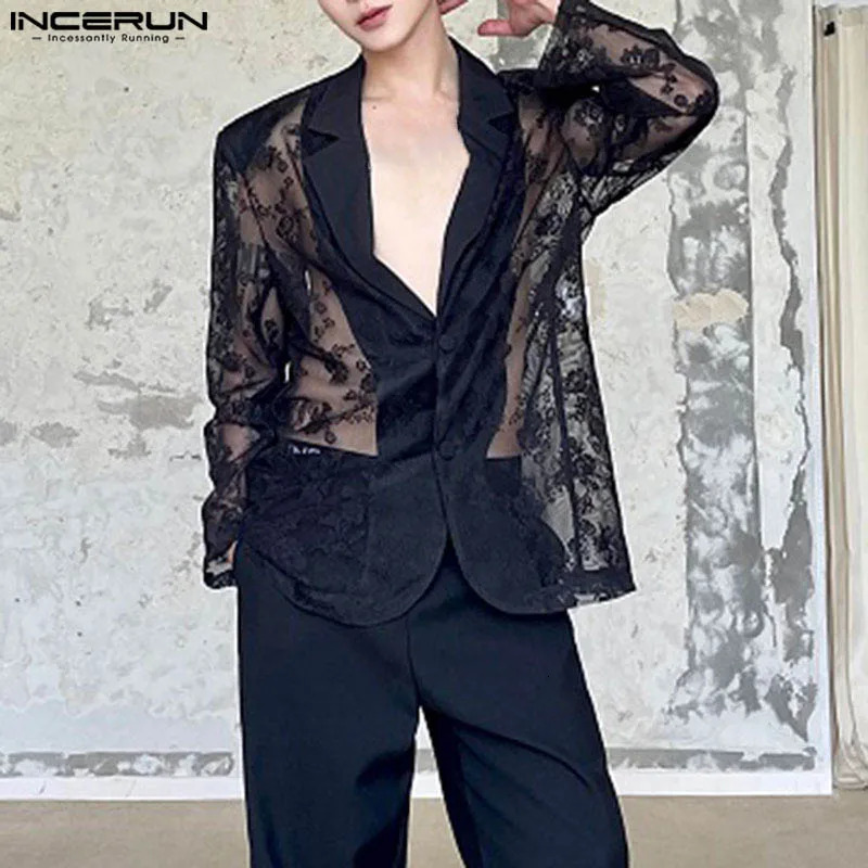 INCERUN Mens Jacket Lace Patch Work Transparent Collar Long Sleeve Casual Street Clothing Fashion Party Thin Coat S5XL 250326