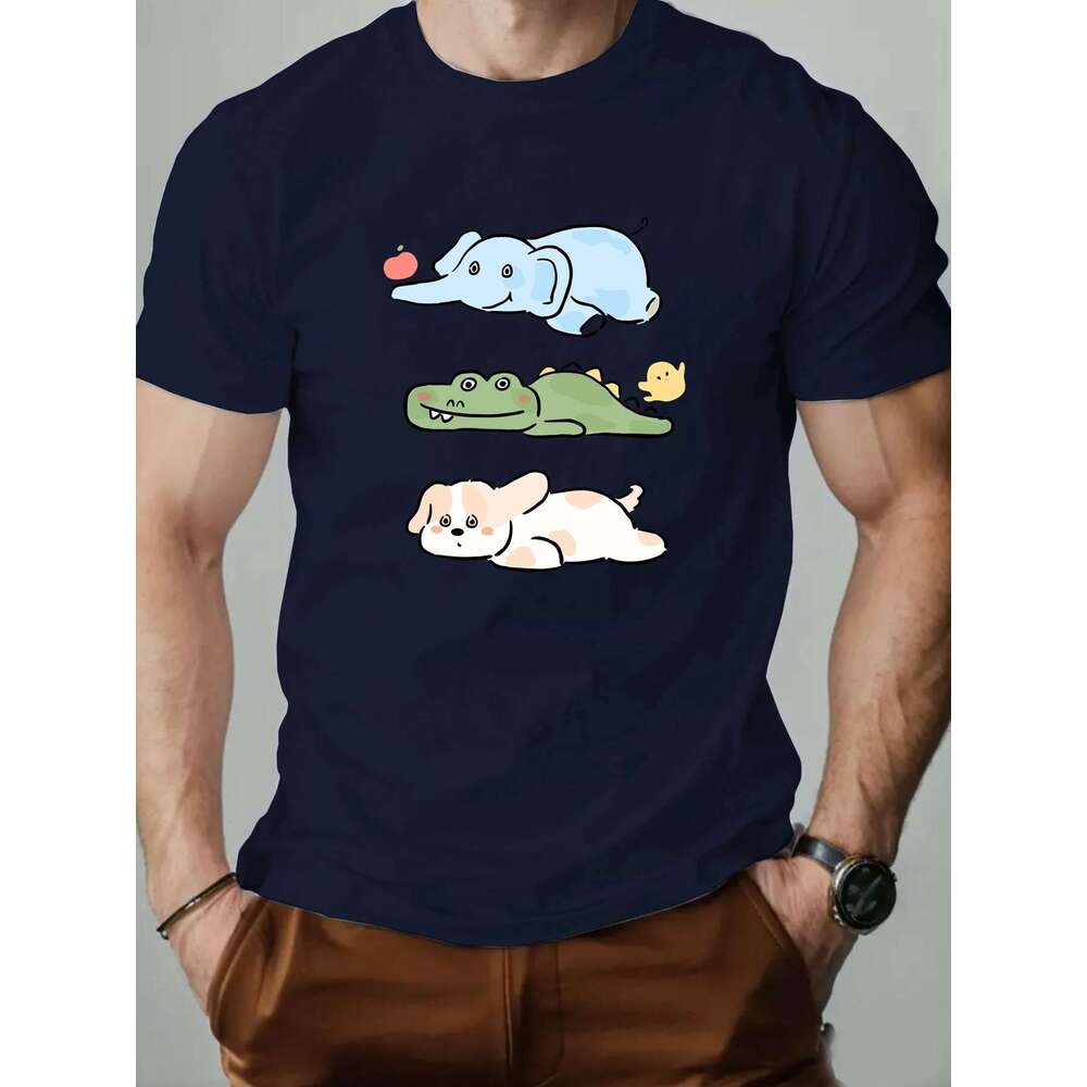 Men s round neck short sleeved T shirt cotton cartoon print casual summer fashion high quality gymnastics