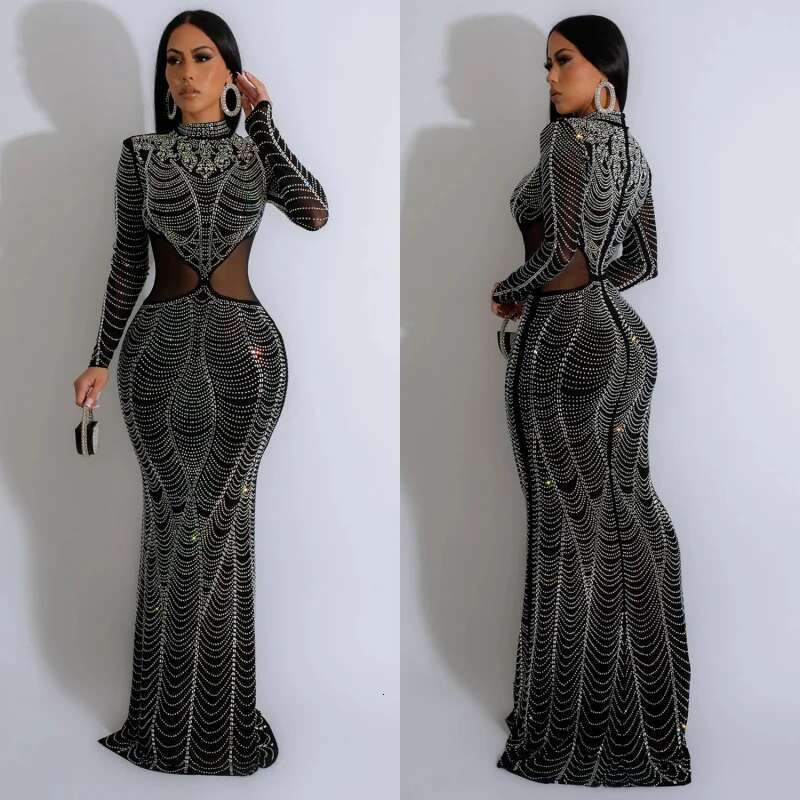 Dongdumaoyi Mode Dames Effen Kleur Mesh Strass Lange Jurk C