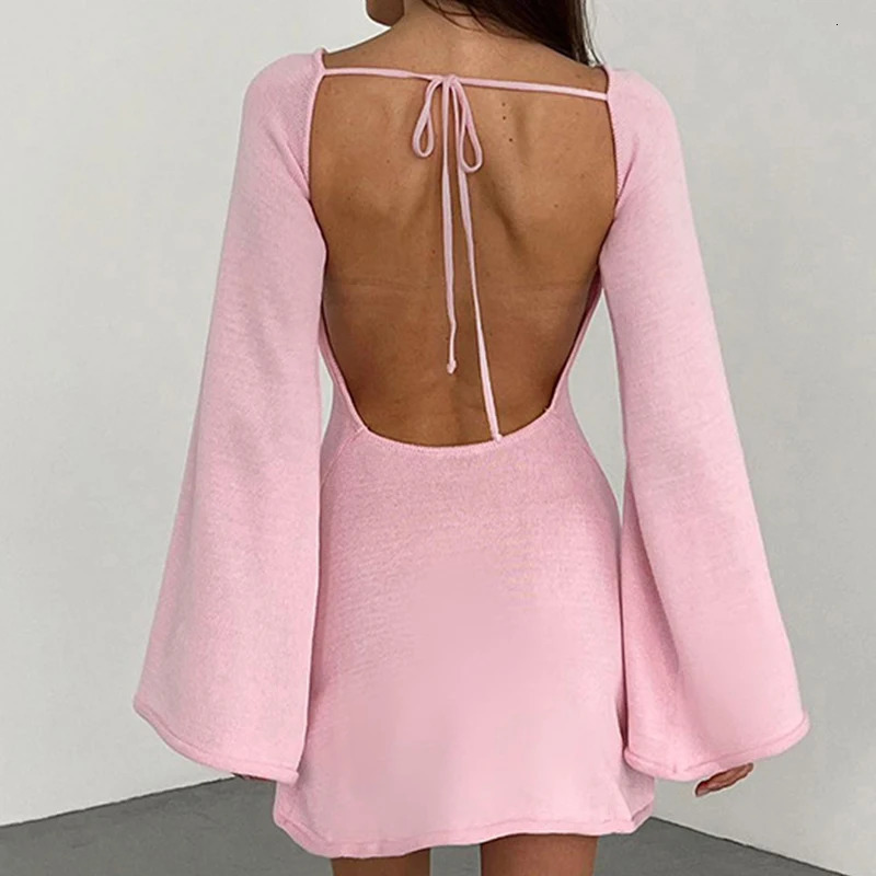 Sexy Backless Round Neck Cover Solid Color Knitted Beach Wear Fashion Horn Sleeve Beach Set Womens Holiday Packaging Dress 250324