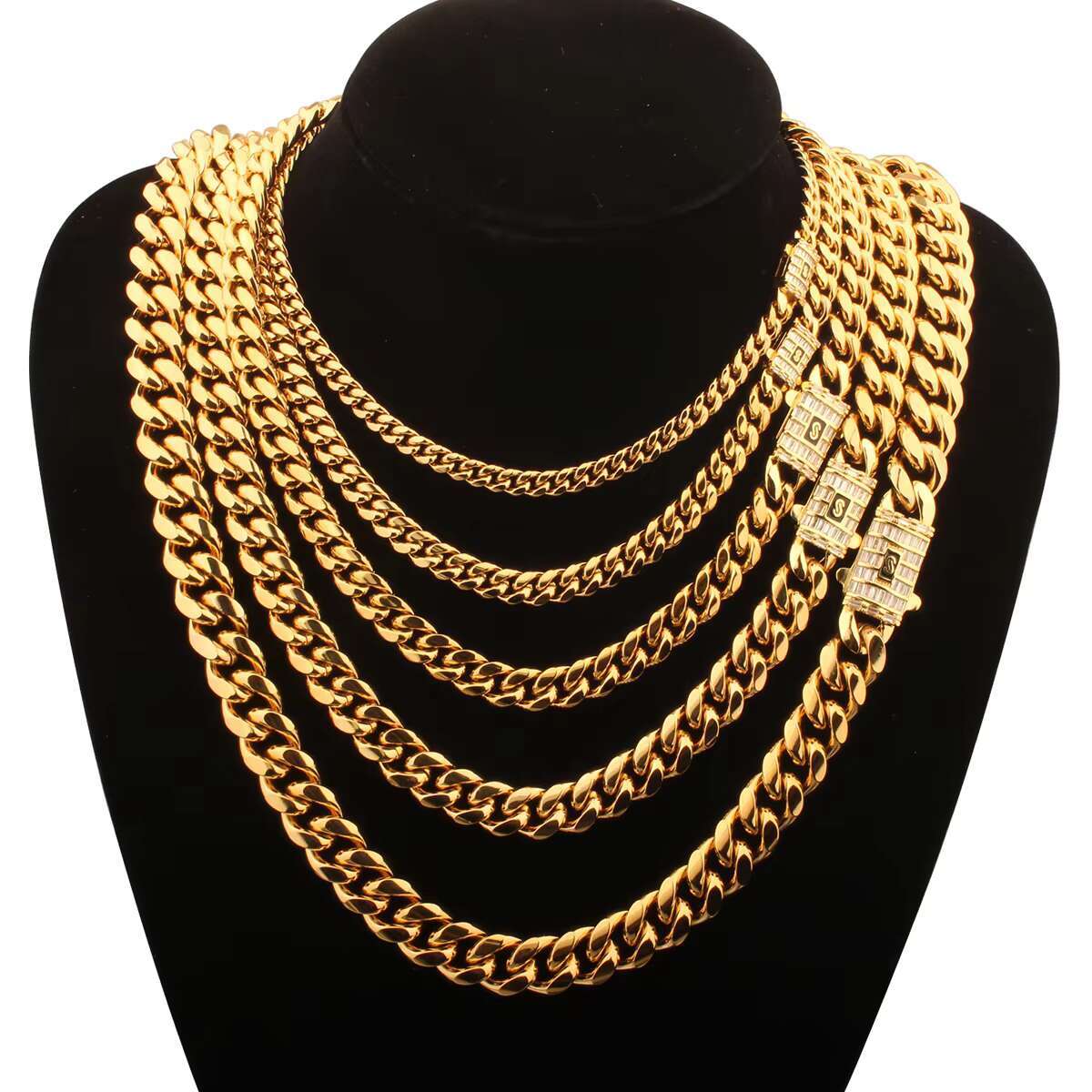 HipHop 18k Gold Plated 6mm-14mm Miami Cuban Chain Fashion Stainless Steel Monaco Zirconia Cuban Link Chain Jewelry