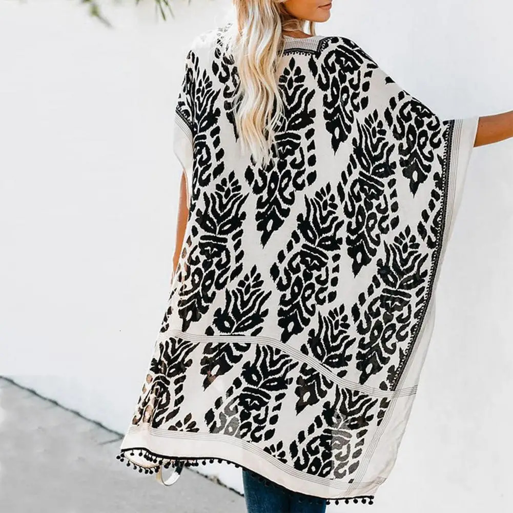 Swimsuit covered with full piece matching tassel ball breathable summer open front cardigan UV resistant wool sweater 250326