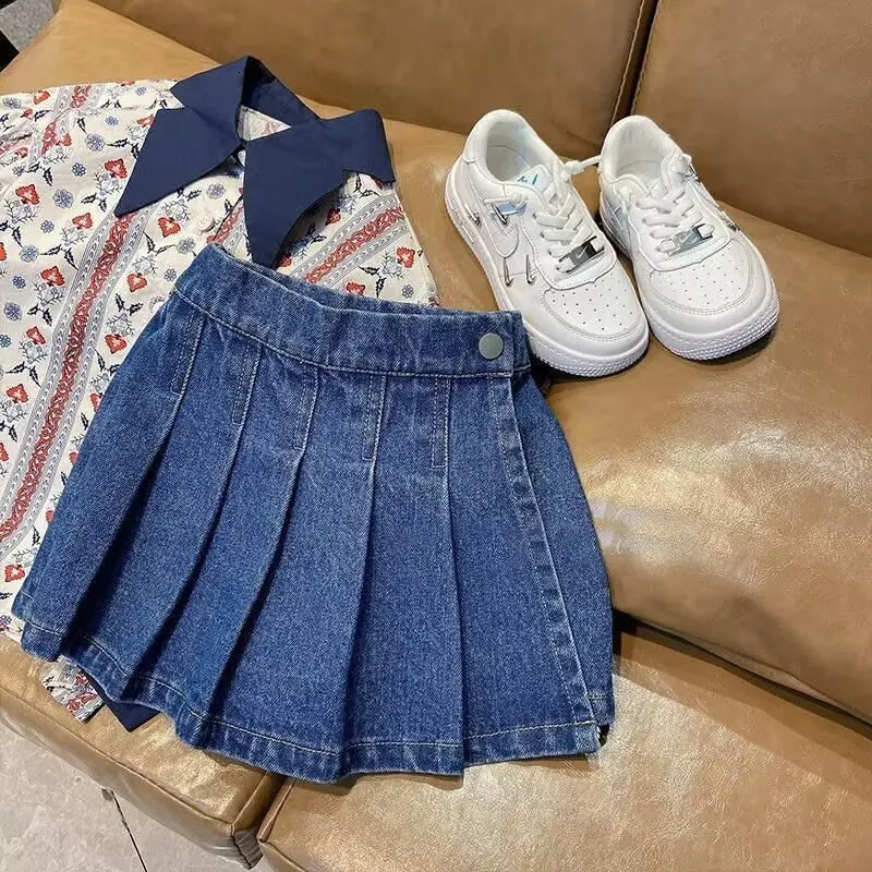 Girls Denim Skirts Vintage Girls pleated skirt summer Teenageculottes two childrens skirts and shorts girls 250326
