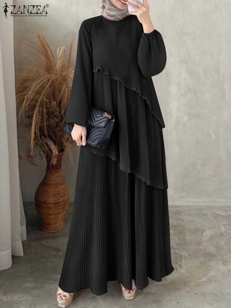 ZANZEA Patchwork Lantern Slve Abaya Robes Women Plisse Layered Elegant Maxi Dress Muslim Fashion Islamic Hijab Pleated Dress X2505141