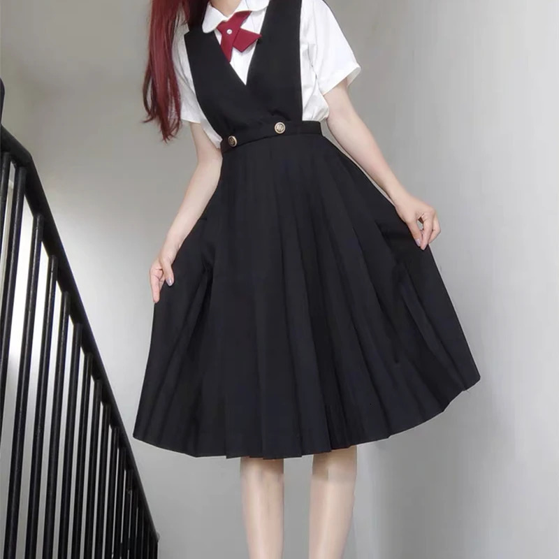 Japanese girl JK high school uniform long pleated student dress summer sleeveless Pinafore level suspended skiing 250326