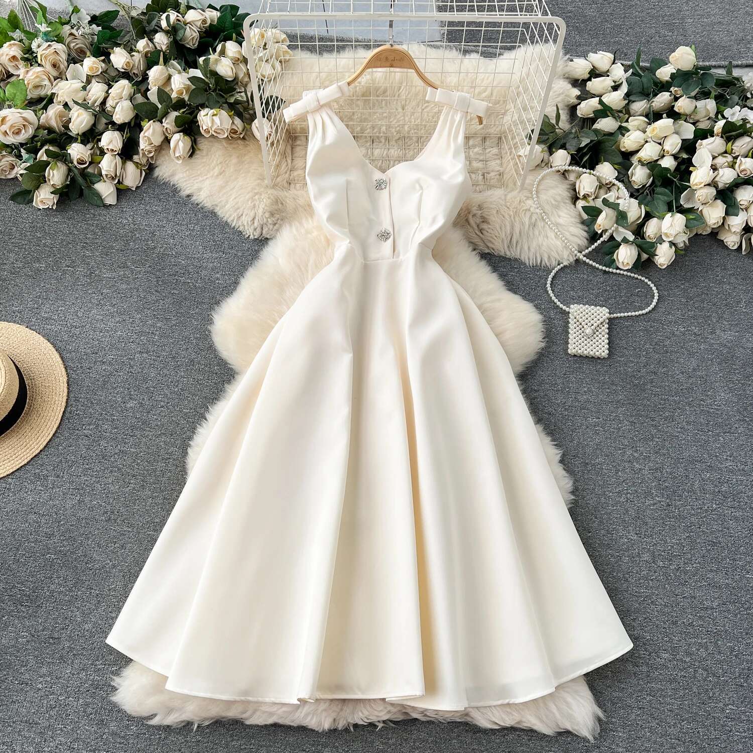 Elegant Sweet High Waist V-Neck Rhie Sleeveless Dress Vacation Slim Women Summer Party Hip Wrap Dresses
