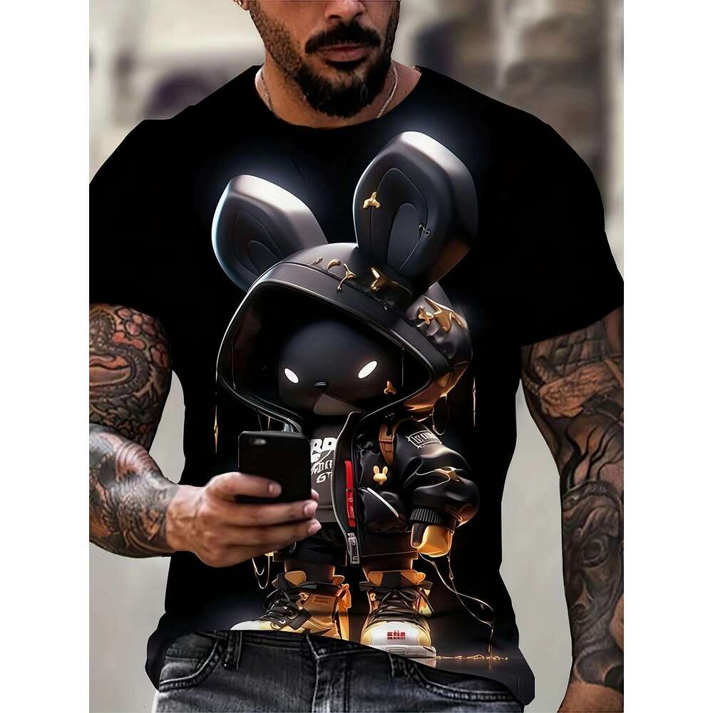 Summer men s D animated digital cool style rabbit print casual short sleeved round neck oversized fashionable T shirt