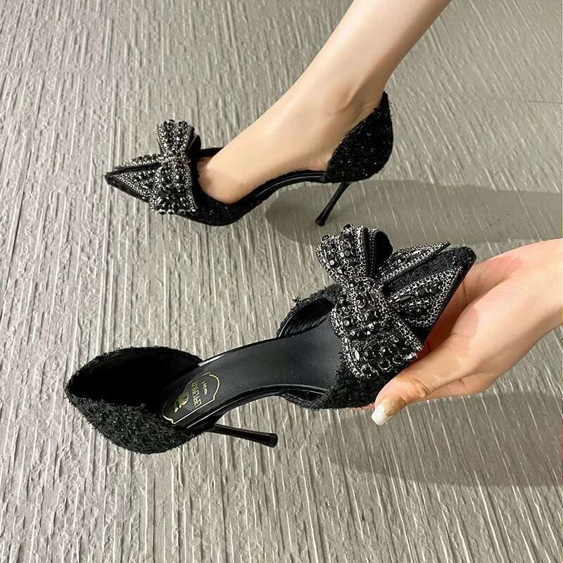 Pearl Crystal Bowtie White Wedding Women 2024 Spring Brand Designer High Heels Pumps Woman Thin Heeled Party Shoes