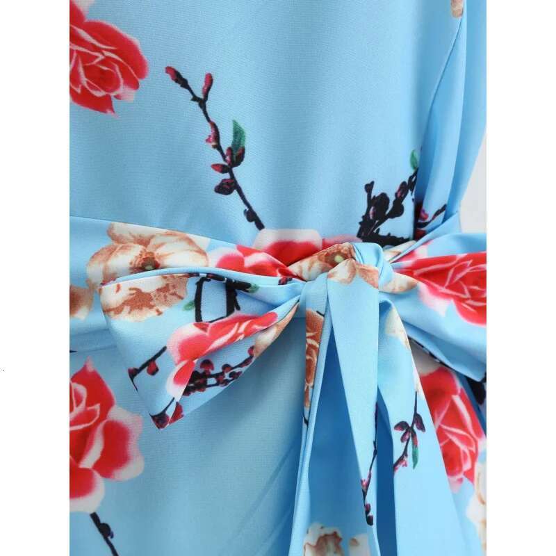 Dongdumaoyi Elegante Bloemen Midi Jurk Met Riem Ronde Hals Korte Mouwen Polyester Wasbaar In De Machine WD