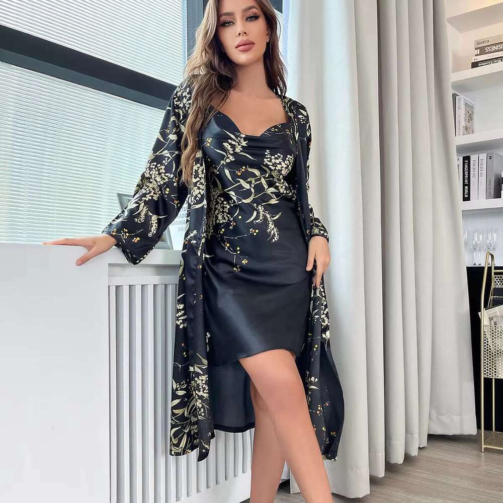 S-5Xl Cherry Printed Design Summer Satin Slip Dress Women Bodycon Dresses Sexy Elegant Silk Pama 2 Pieces Robe Set