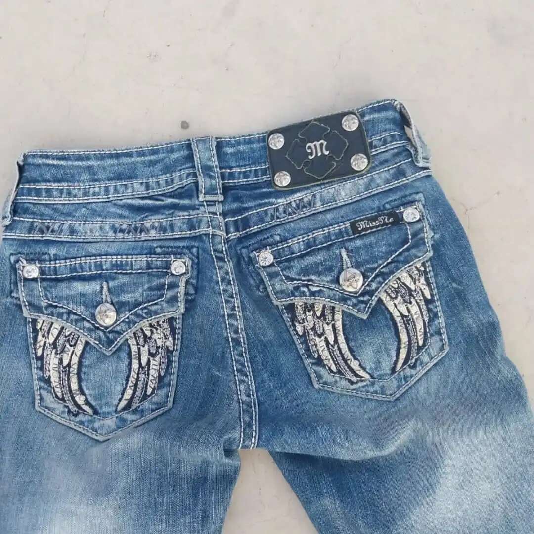 Y2k Wings Graphic Embroidered Jeans Women Clothing Haruku Vintage Blue Trousers Gothic Low Waist Bootcut Slim Fit Denim Pants