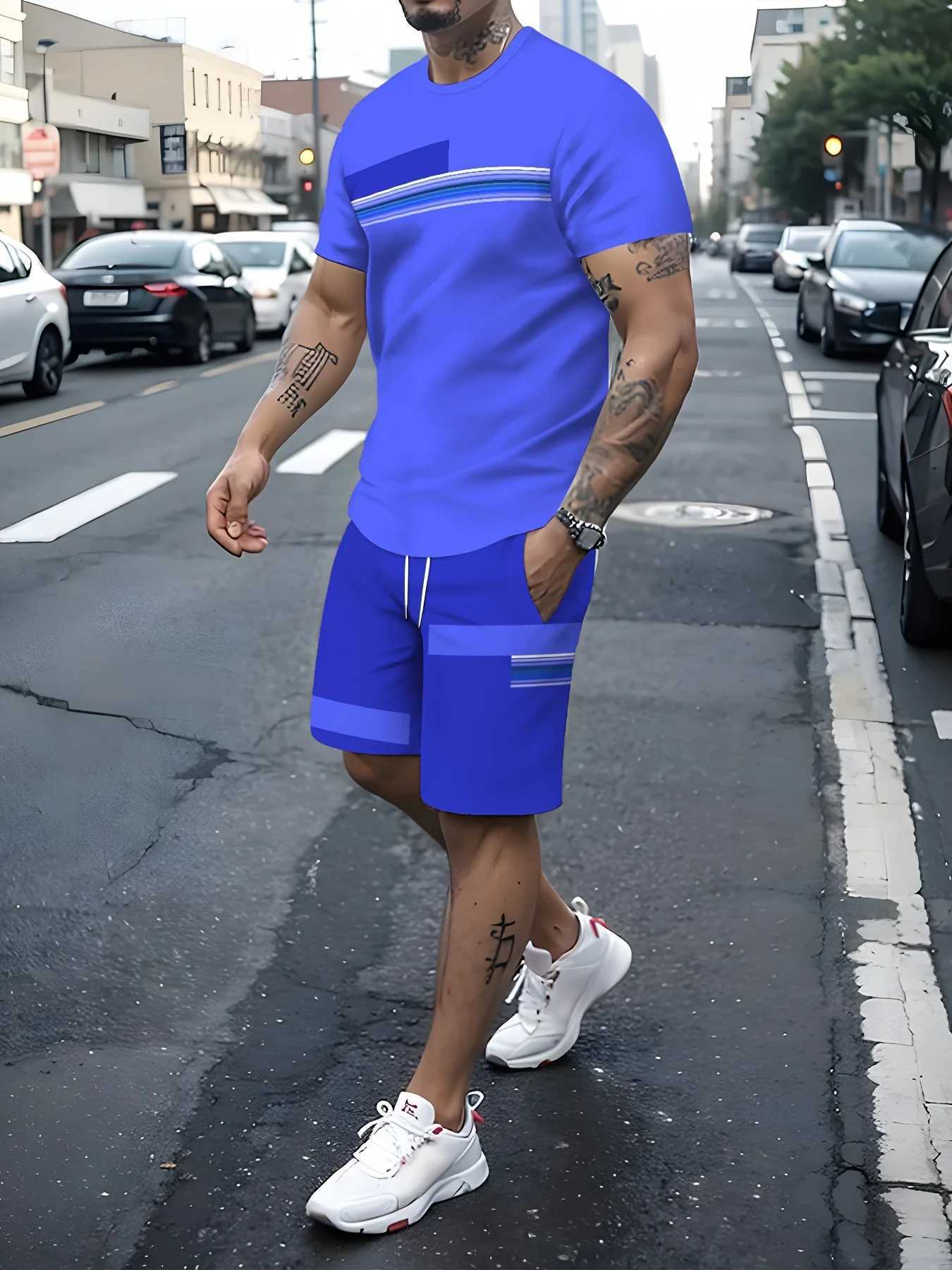Comfortable polyester mens casual fashion set - unique printed design washable T-shirt and drawstring shortsXJ250326