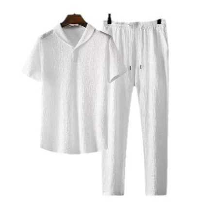Summer fashion mens cotton linen 2-piece casual sportswear shawl collar white short sleeved T-shirtXJ250326