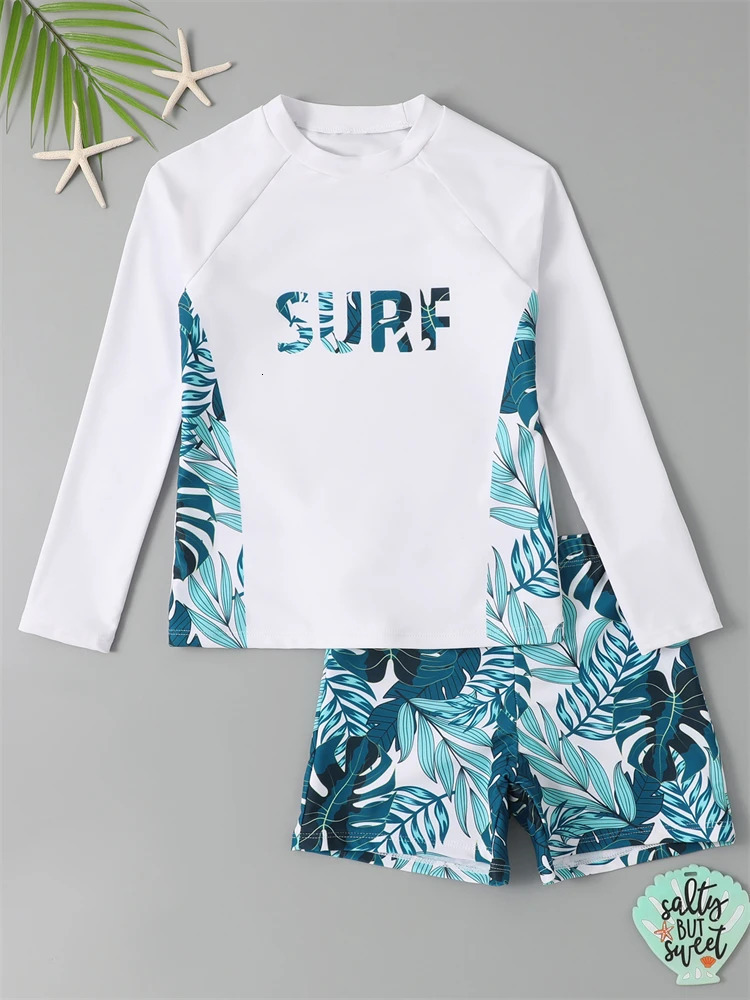 Boy Swimsuit 2025 Solid And Print Long Sleeve Children Swimwear Summer Kids Beach Wear Shorts Swimming Bathing Suit For Men 250326