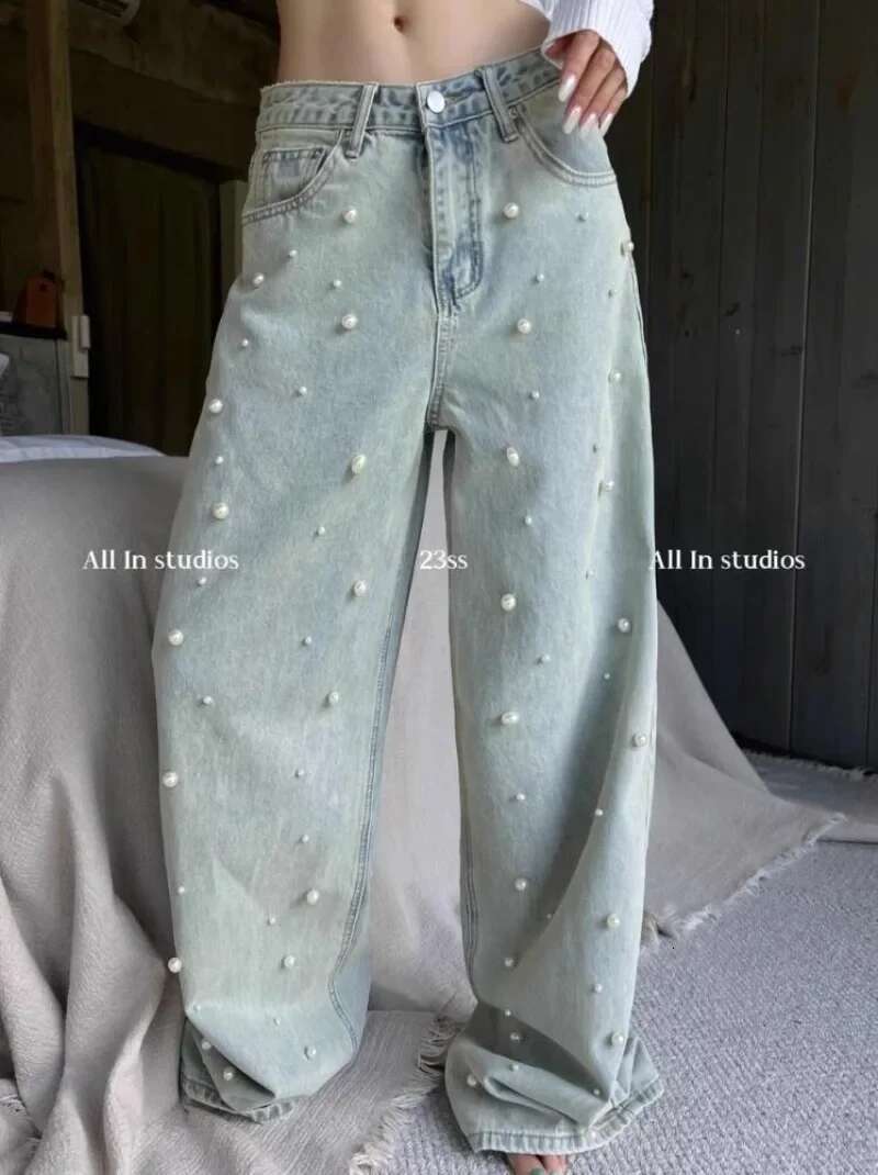 Korean Fashion For 2024Spring New Heavy Industry Beads Retro Washed High Waisted Jeans Wide Leg Mopping Pants Women