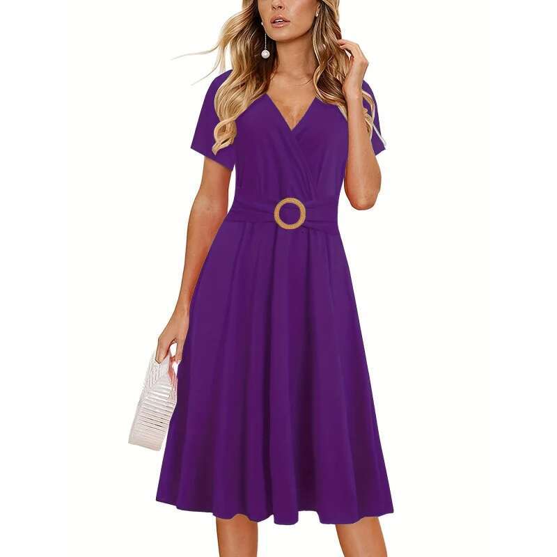 Dongdumaoyi Dames Elegante Normale Pasvorm Met Riem Zomer Casual Werk Kerk Theejurk Zakken Polyester Elastaan WD