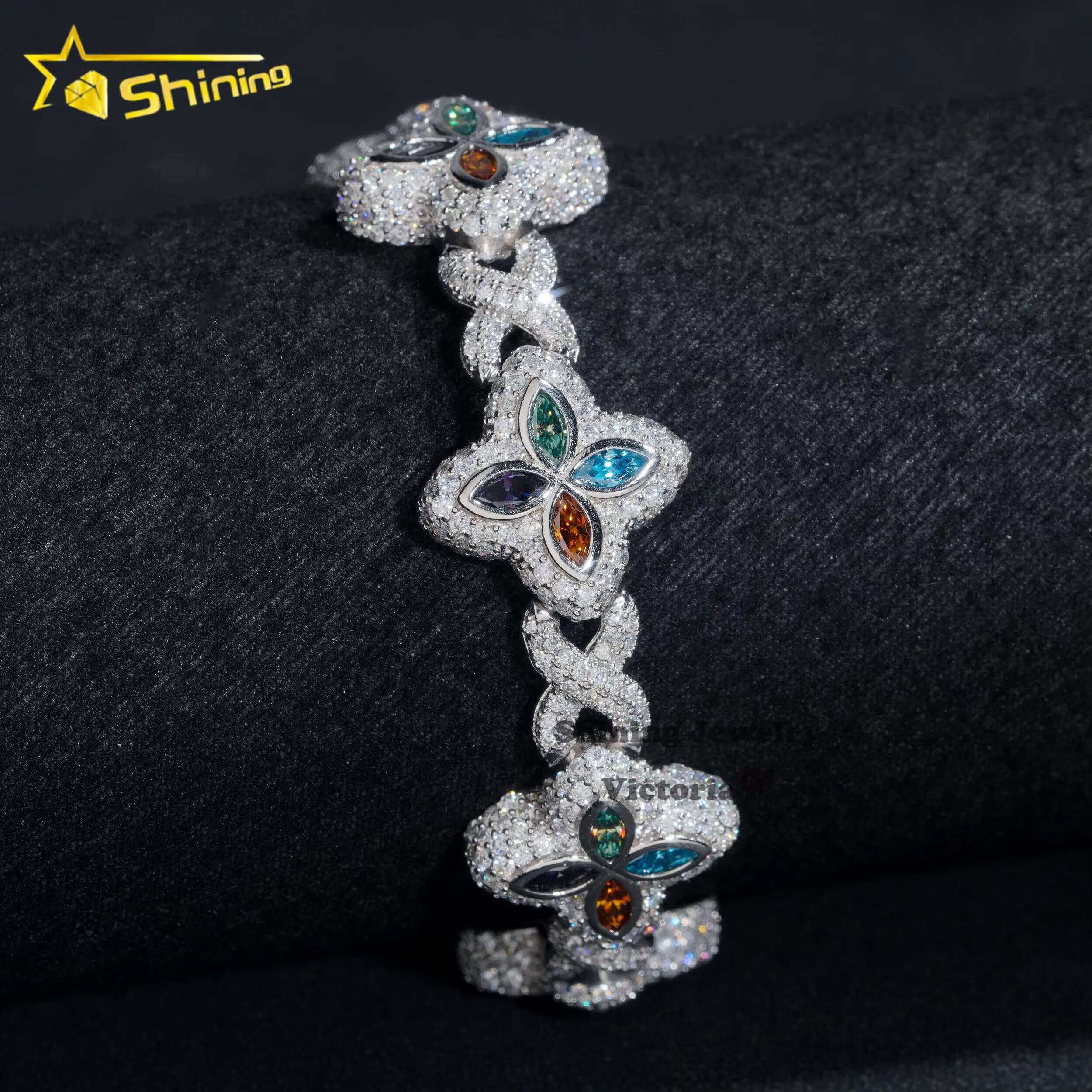 New Arrival Trendy Rapper Jewelry Iced Out 925 Silver Plated Moissanite Clover 18MM Infinity Link Cuban Bracelet Men
