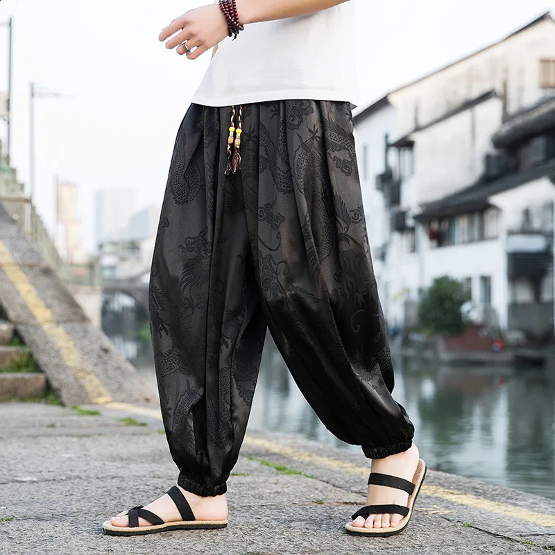 FGKKS Outdoor Pants For Men Lce Silk Dragon Dark Flower Loose Bloomers High Quality Wide Leg Casual Trousers Male 250317