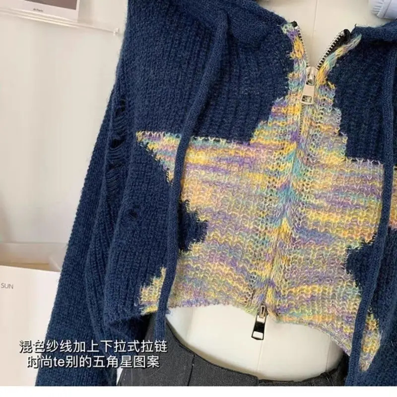 Womens Autumn American Retro Star Short Zipper Hooded Sweater Open Knitted Fashion Top Blue 250326