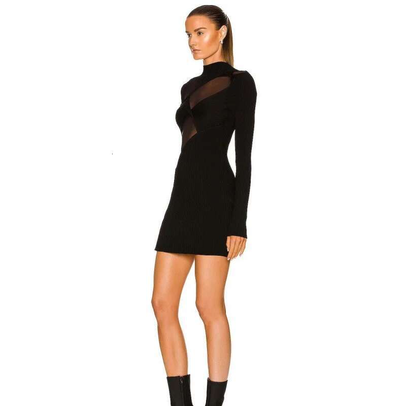Dongdumaoyi Bandagejurk Met Lange Mouwen Mode Zwarte Pure Panelen Bodycon Mini Damesjurk
