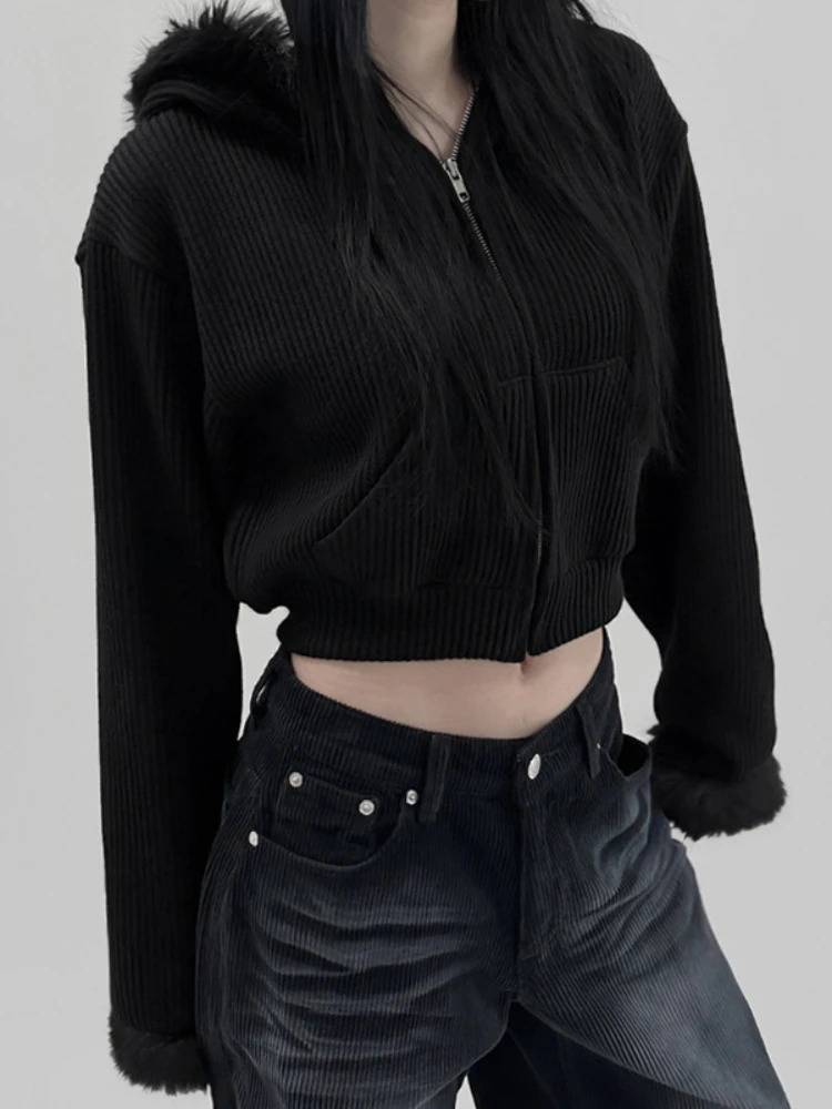 AltGoth Y2k Winter Warm Corduroy Coats Women Mall Gothic Streetwear Hipster Grunge Emo Alt Long Sleeve Hooded Crop Jackets Femme 250322