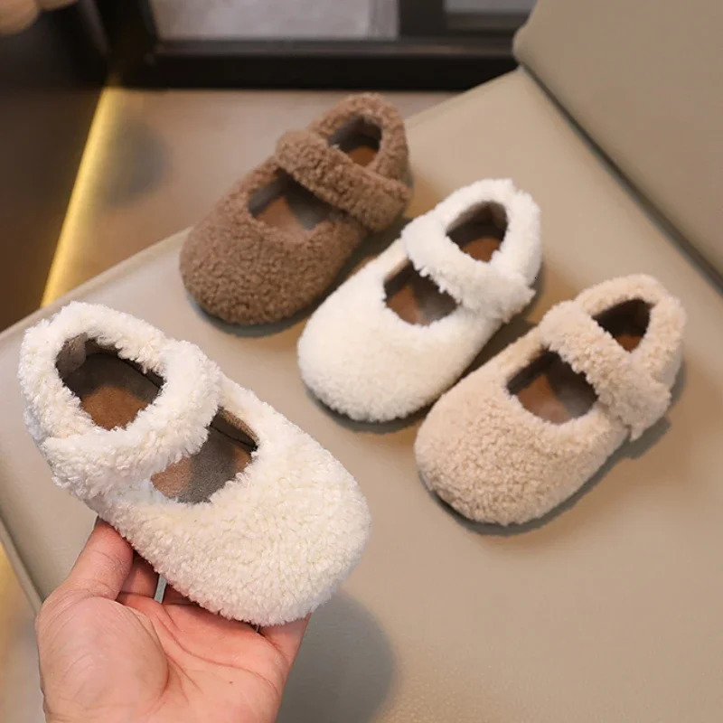 Winter Children Flat Shoes Fur Cover Toe Light Warm Kids Casual Shoe Plush Warm Non-slip Leisure Comfy Boys Girls Shoe 250326