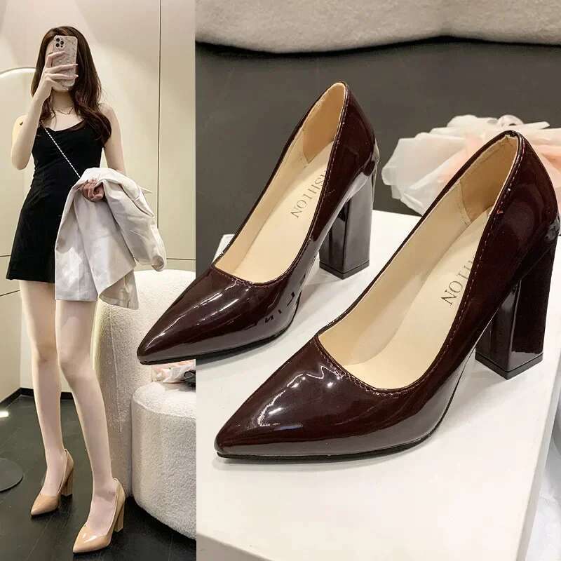 Square Heels Pumps Women Shoes Patent Leather Sexy Wedding Party Official Leisure Super Big Szie