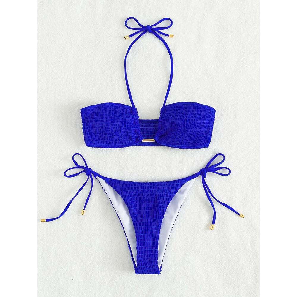 Halter Tie Side Pleated Smocked Women Bandeau Swimsuit Female Swimwear Two Pieces Bikini Set Bathing Suit Swim Beach Wear