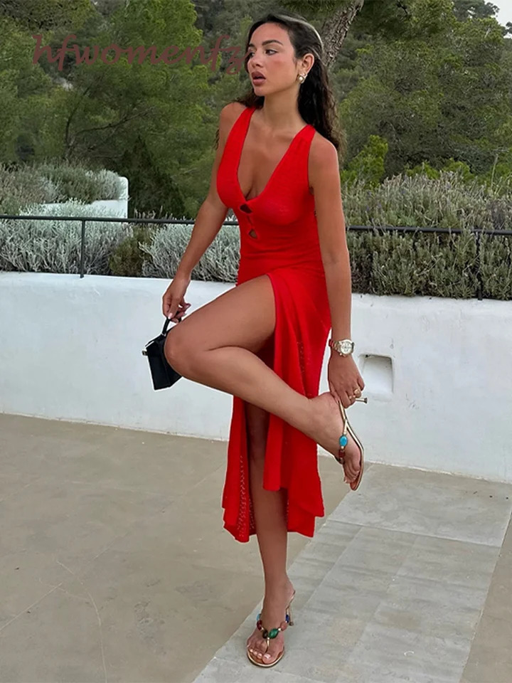 Summer Knitted Hollow Skirt Womens Sleeveless Deep V-neck Split Solid Ultra Thin Dress Fashionable Womens Beach Vacation Robe 250322