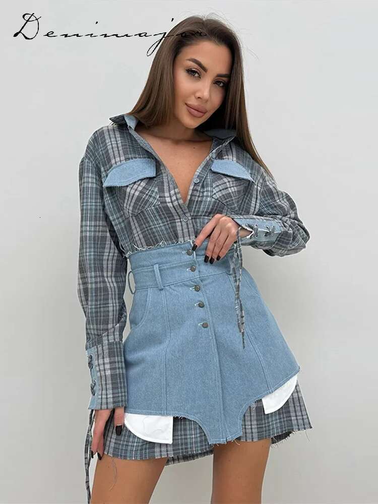 Plaid Patchwork Denim Skirt Set Women Lapel Single Breasted Long Sleeved Jacket Asymmetrical Mini Skirts Summer Lady Outfit