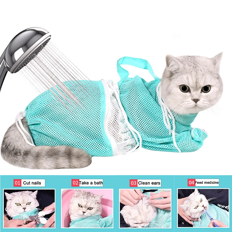 Cat Grooming Shower Bag Mesh Polyester Wash Mesh Bags Adjustable Cats Restraint Bag Prevent Scratching For Bathing Nail Trimming 250326