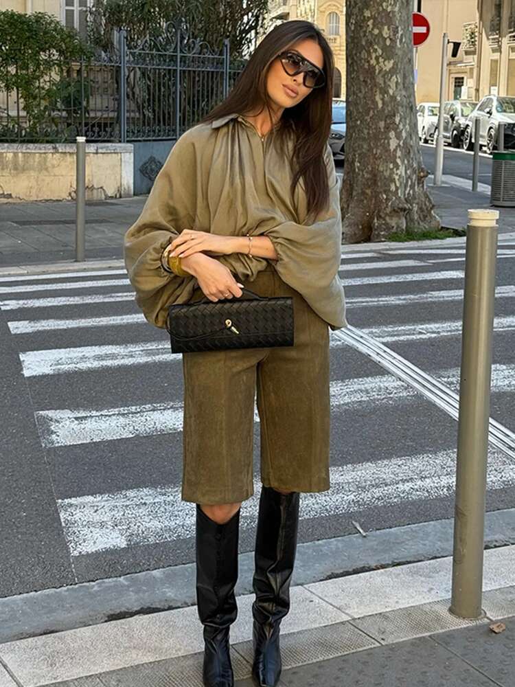 Spring Women's Green Jacket Pleat Loose Lapel Zipper Batwing Long Sleeve Bomber Short Coat 2025 Fashion High Street Outwears