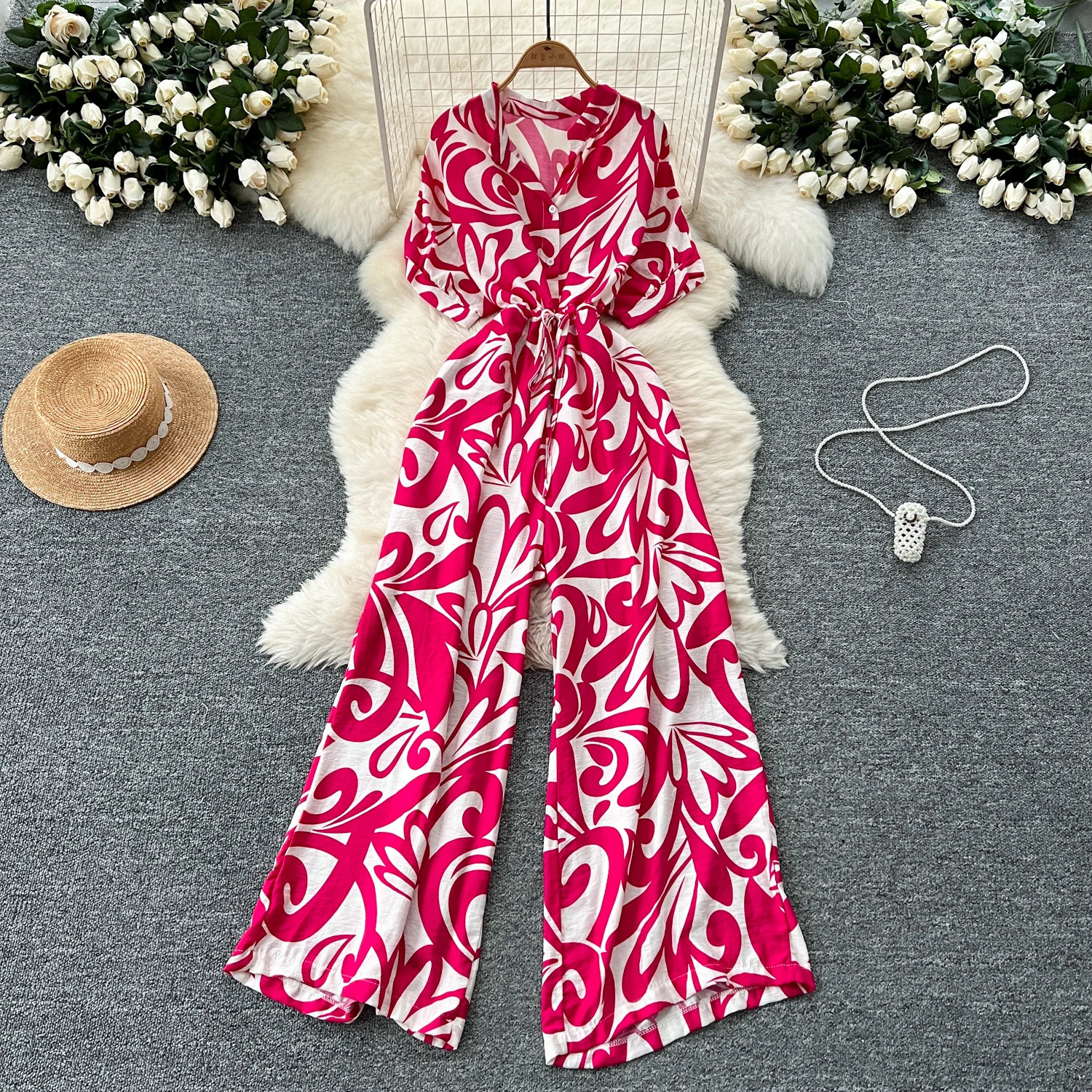 Vneck puff sleeve ultrathin bodysuit high waisted floral print wide leg pants jumpsuit womens Y2k retro fashionable summer 250326