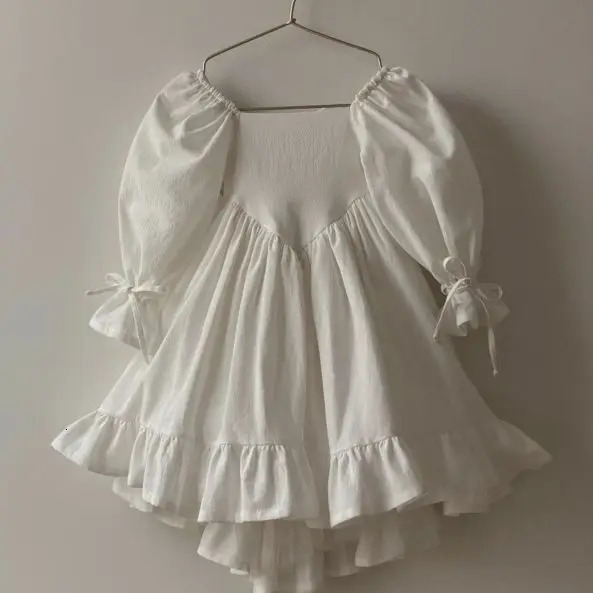 Kids Puff Sleeve White Dress Girls Cotton Linen Lolita Princess Dresses for Birthday Evening Party Clothes 2 4 6 8 Years Old 250326