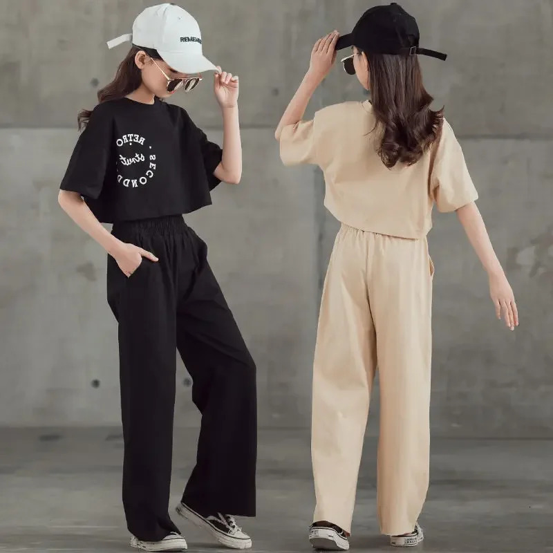 Children Sets Girls Fashionable Suit Casual Letter Short-sleevedwide-leg Pants Two-piece Set Items 250326