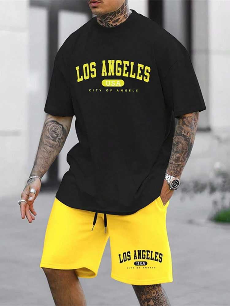 Mens summer casual breathable short sleeved street loose T-shirt two-piece mens outdoor vacation sports fashion setXJ250326