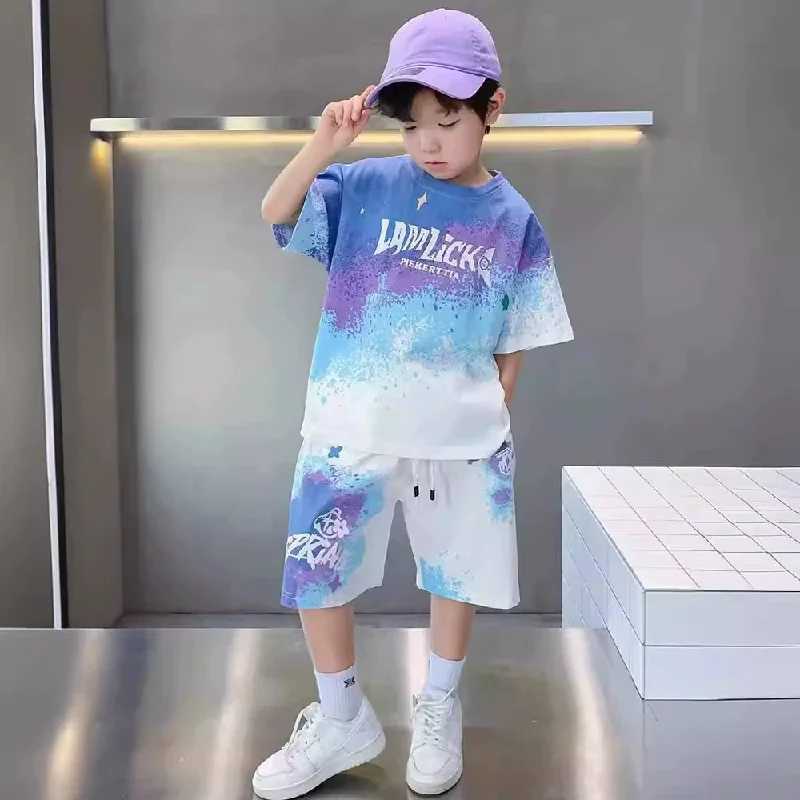 Summer Youth Clothing Set Boys Gradient T-shirt+Shorts 2-piece Large Childrens Casual Short Sleeve Set Childrens Printed SetT250327