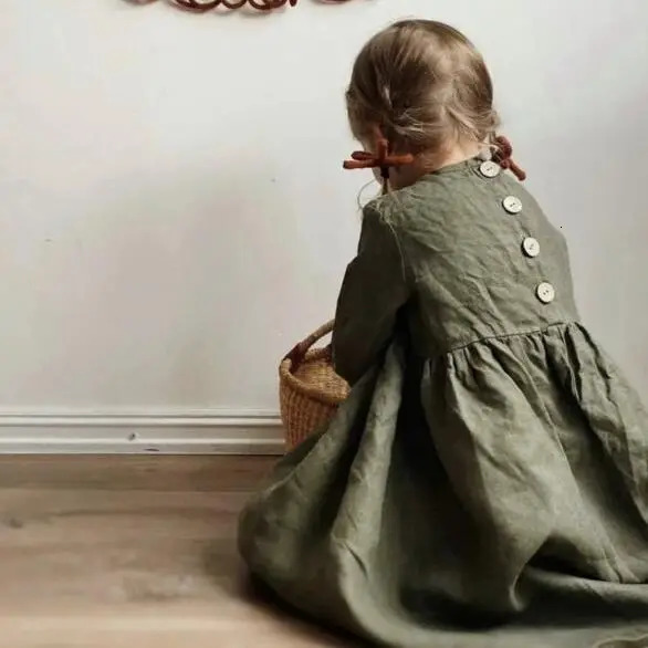 Autumn Girl Children Retro Solid Simple Casual Dress For Party And Wedding Baby Cotton Linen Long Sleeves Princess Dresses 250326