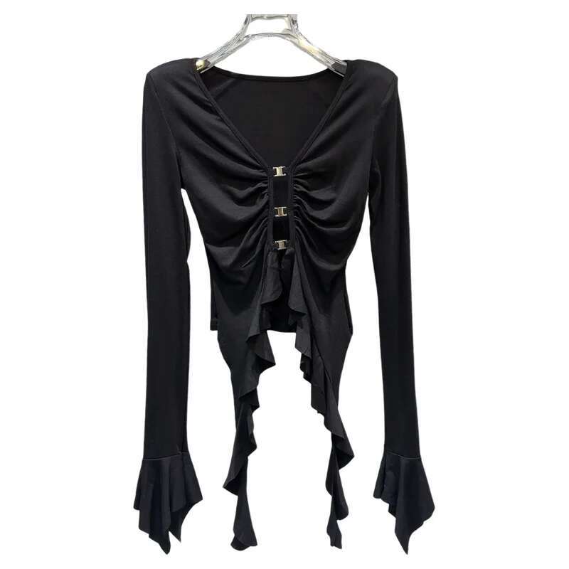 Autumn New Arrival Long Flare Sleeve Metal Buckles Ruffles Tassel Hollow Out Slim T Shirt Women Gs038