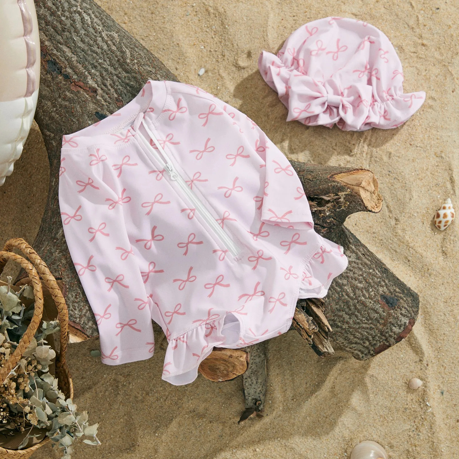 MISOWMNJOY Princess Baby Girl Swimwear Long Sleeve Rash Guard Beach Swimsuit BowCherry Print Toddler Bathing Suit with Sun Hat 250326