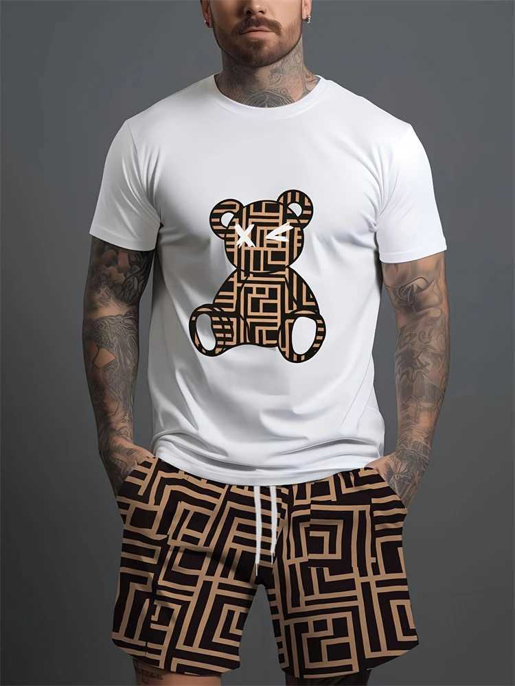 2025 Summer Casual Short Sleeve Trend Breathable Sportswear Loose Quick Drying Mens Short Sleeve Hip Hop Bear Pattern Printed SetXJ250326