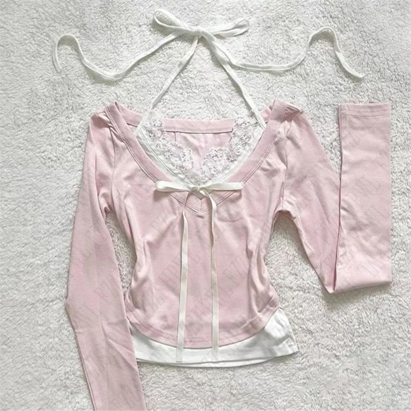 Fashion Cute Bandage Bow Cropped Top Pink Sweet Coquette Sweet T Shirts Fall Spring Casual Square Collar Tee Women y2k Aesthetic 250326