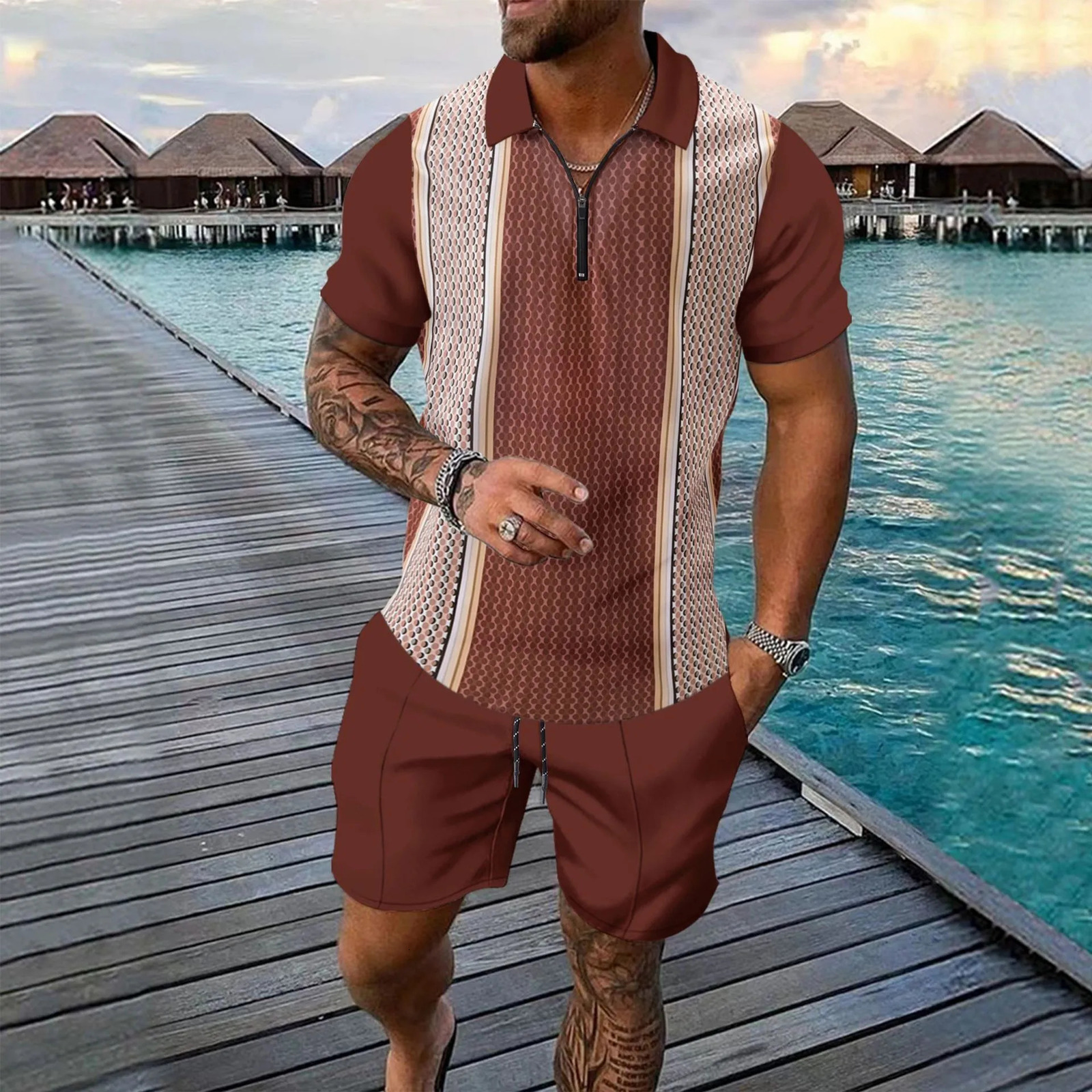 Summer casual short sleeved twopiece sports mens clothing 250327
