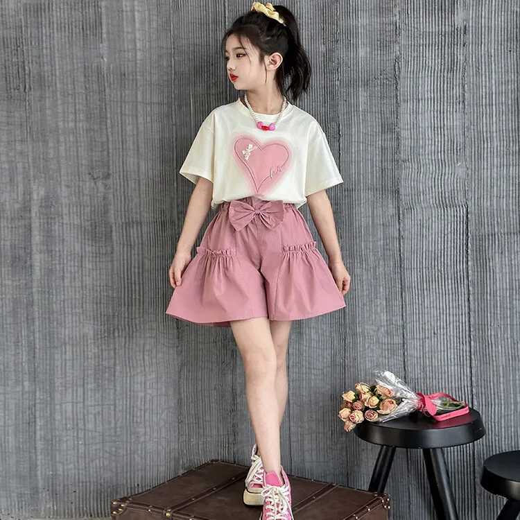 Girls clothing set new summer sweet short sleeved top+shorts 2PCS childrens clothing 6 8 10 12 14 year old childrens clothingT250327