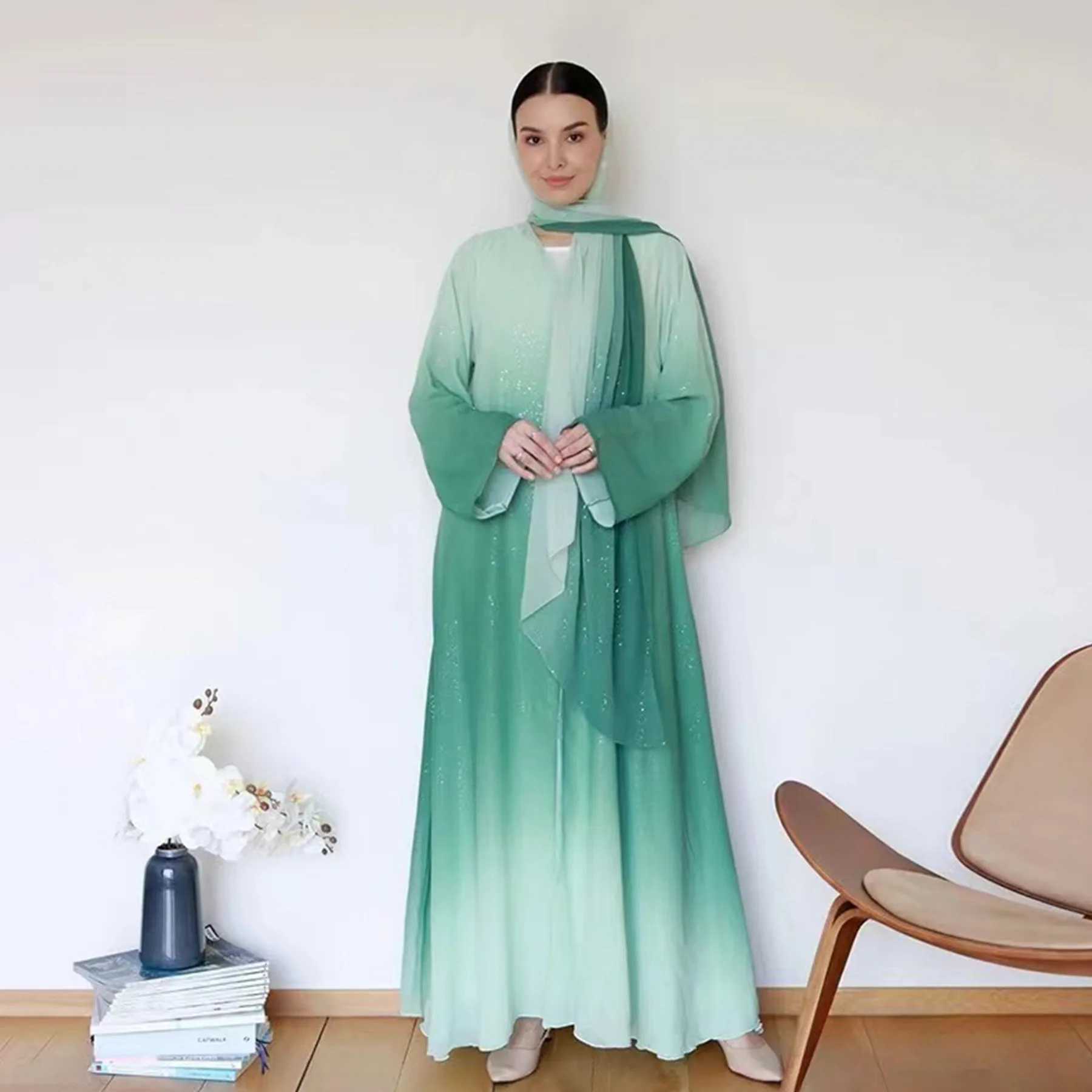 Dubai Luxury Gradient Color Abaya Open Kimono Muslim Dresses with Scarf Modest Robe Khimar Islamic Ka Caftan Jalabiya Kaftan X2505141