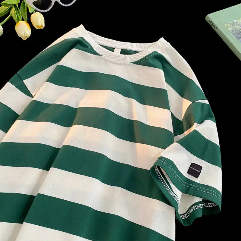 Y2k retro American black and white striped round neck short sleeved summer street couple loose casual Tshirt top harajuku 250326